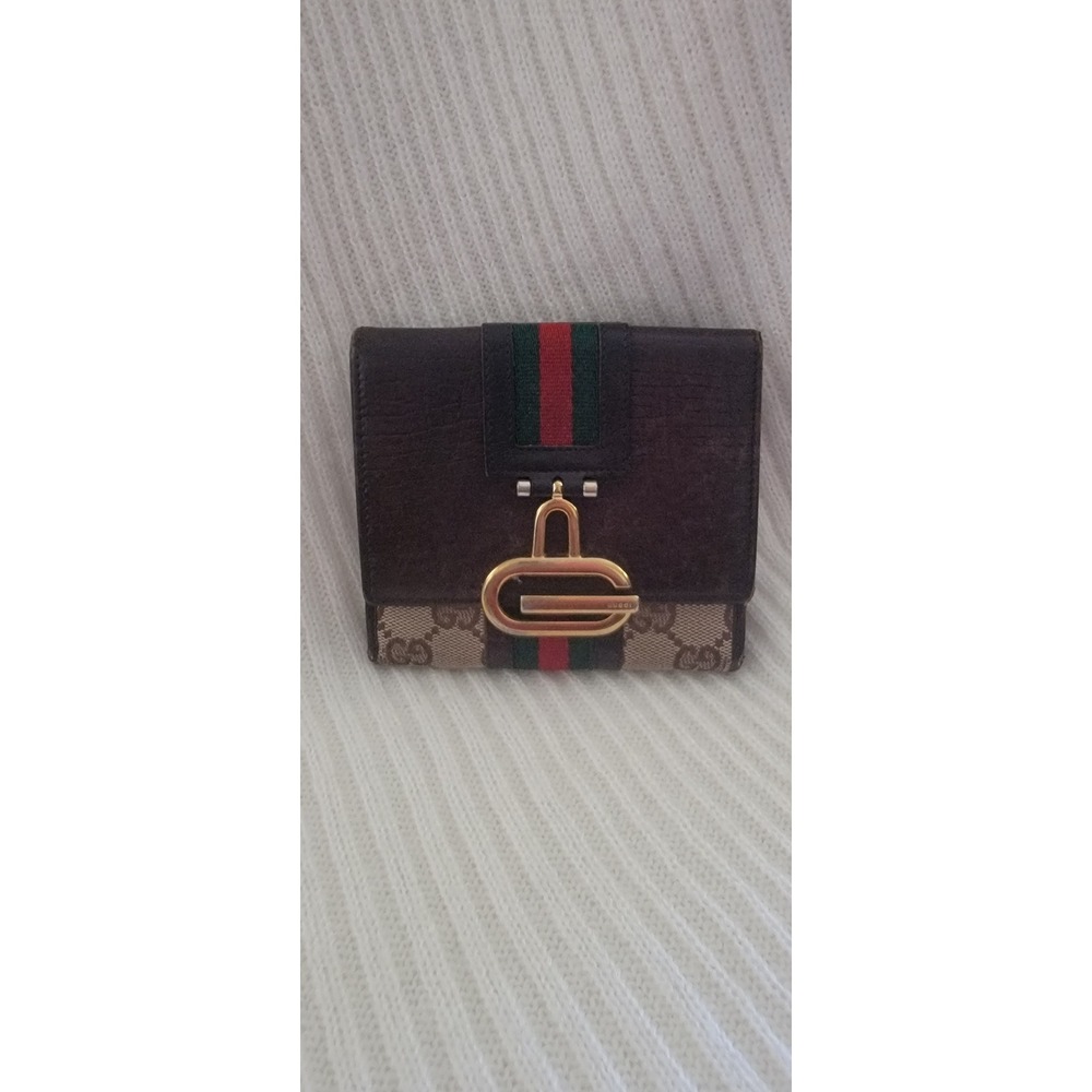 Gucci Vintage GG Supreme Sherry Line Web Bifold Wallet Brown Leather G Buckle‎